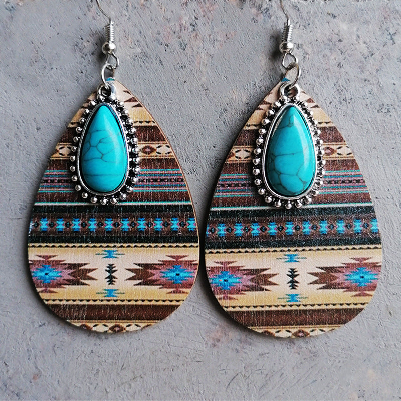 Wholesale  2 Pairs/Pack Turquoise Pendant Aztec Western Wooden Earrings